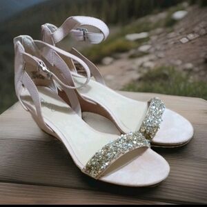 Beaded Embellished Low Wedding Wedge Sandals Size 12 Light Pink/Dusty Rose